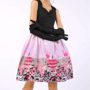 Retro Pin-Up Style A-Line Skirt in a Japanese Inspired Cherry Blossoms Print, S